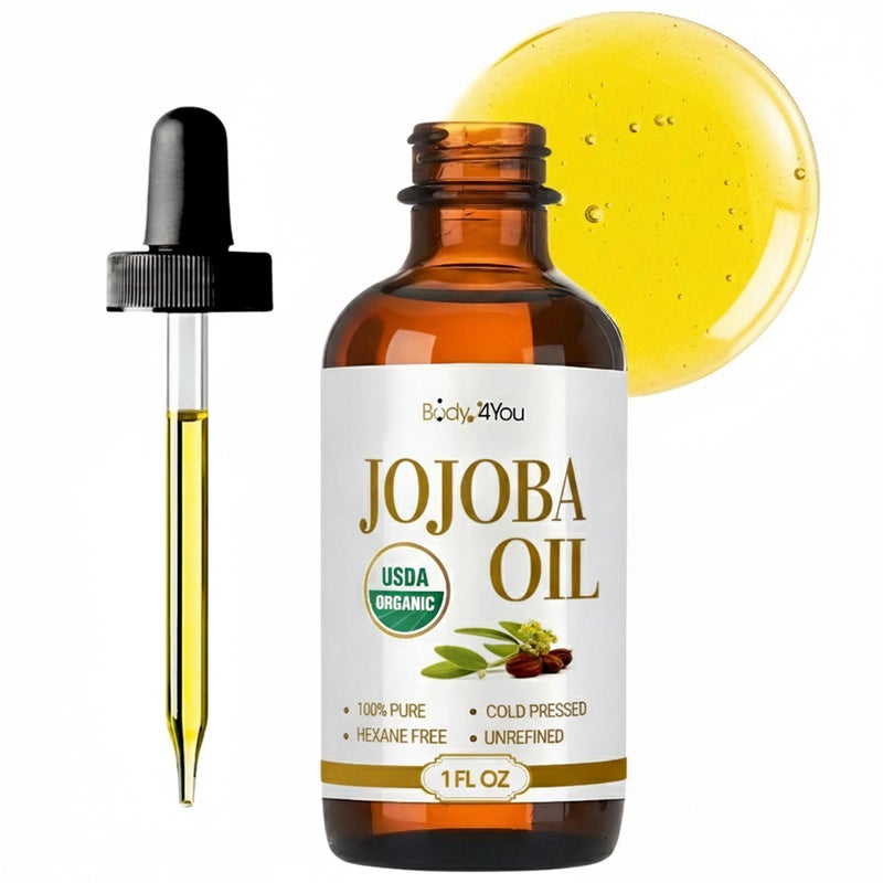 BodyJ4You زيت الجوجوبا العضوي BodyJ4You للبشرة - عضوي من وزارة الزراعة الأمريكية 100% نقي وطبيعي - تدليك الوجه باستخدام غوا شا - تقشير الوجه - تدليك فروة الرأس - غير مكرر ومعصور على البارد وخالي من الهكسان - شمع ناقل أساسي - 1 أونصة سائلة - Image 1
