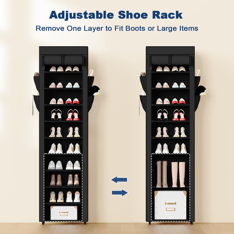 Mavivegue Shoe Rack with Cover, 10 Tier Tall Shoe Organizer for 18-22 Pairs of Shoes, Shoe Organizer with 4 Side Pockets, Shoe Cabinet for Entryway, Closet - Image 4