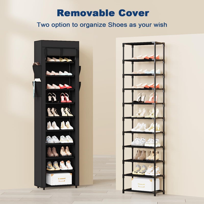 Mavivegue Shoe Rack with Cover, 10 Tier Tall Shoe Organizer for 18-22 Pairs of Shoes, Shoe Organizer with 4 Side Pockets, Shoe Cabinet for Entryway, Closet - Image 3