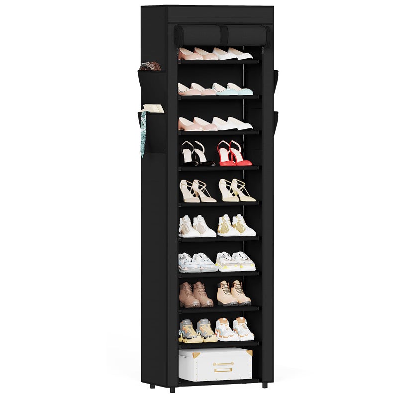 Mavivegue Shoe Rack with Cover, 10 Tier Tall Shoe Organizer for 18-22 Pairs of Shoes, Shoe Organizer with 4 Side Pockets, Shoe Cabinet for Entryway, Closet - Image 1
