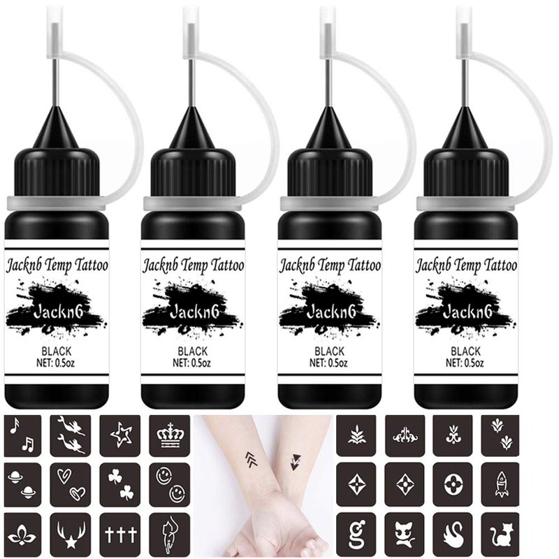 Jacknb Temporary Tattoo Kit Semi Permanent Tattoo Jagua Gel Freehand Ink 4 Bottles 2oz DIY Tattoos Fake Freckles Temp Tattoos for Women Kids Men Body Art Markers 40 Pcs Free Stencils