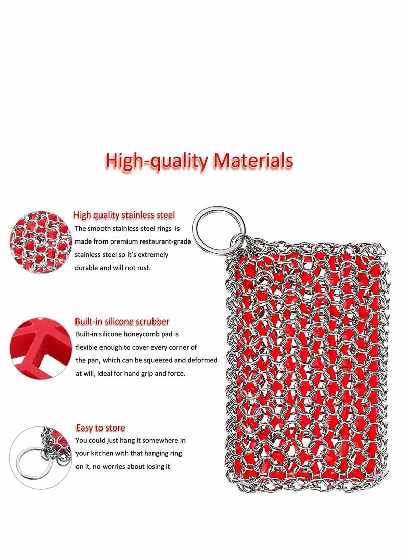 KASTWAVE فرشاة تنظيف مقلاة من الحديد الزهر، فرشاة فرك سلسلة محدثة، فرشاة كشط معدنية من الفولاذ المقاوم للصدأ 316 لتنظيف مقلاة الحديد الزهر، صينية، أواني الطهي في المطبخ، أحمر - Image 3