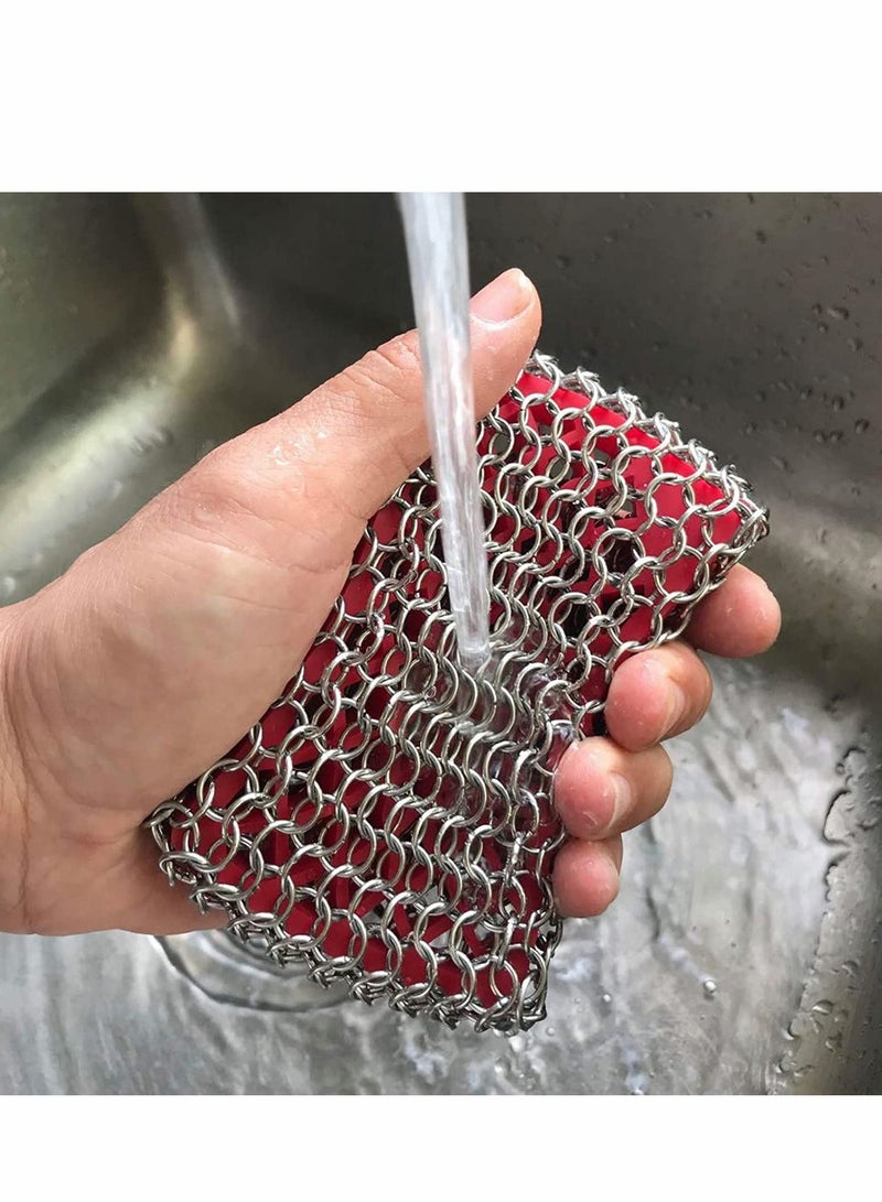 KASTWAVE فرشاة تنظيف مقلاة من الحديد الزهر، فرشاة فرك سلسلة محدثة، فرشاة كشط معدنية من الفولاذ المقاوم للصدأ 316 لتنظيف مقلاة الحديد الزهر، صينية، أواني الطهي في المطبخ، أحمر - Image 5
