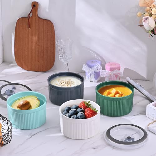 Hoilse Ceramic Bowls with Lids, 20-oz Microwave Safe Food Storage Container for Serving Cereal, Soup, Salad, Meal Prep, Storing Leftovers, Picnic, Camping, Office Lunch, Multi-color, 5 inch-Set of 4 - Image 5