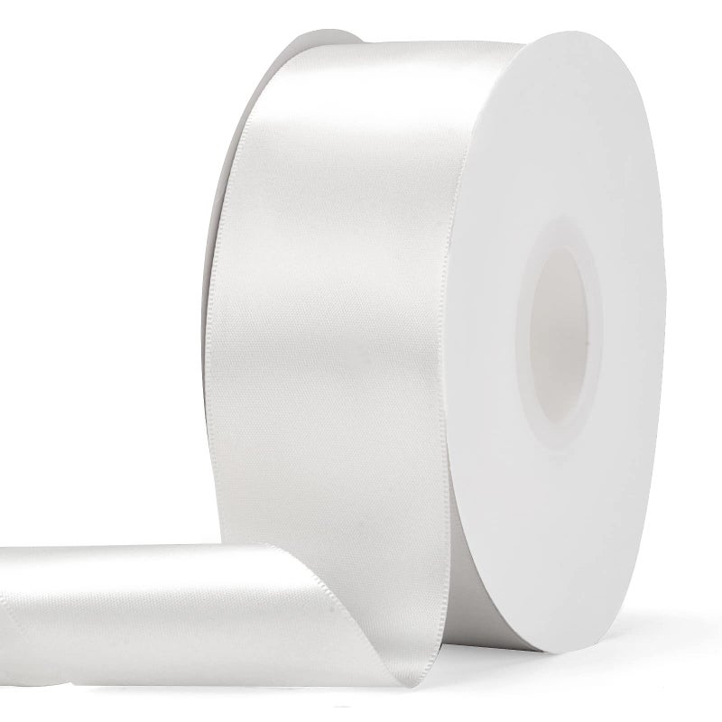 Ewaymado Solid Color White Double Faced Satin Ribbon 2 X 50 Yards Fabric Ribbons Perfect for Wedding and Party DecorationGift Wrapping Sewing Crafts
