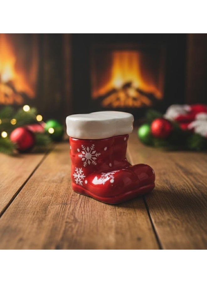 أي كي دي سي وعاء حلوى خزفي على شكل حذاء سانتا من AKDC، مقاس 12 سم - وعاء أحمر مزخرف لعيد الميلاد للحلويات والحلوى وعرض الطاولة - Image 2