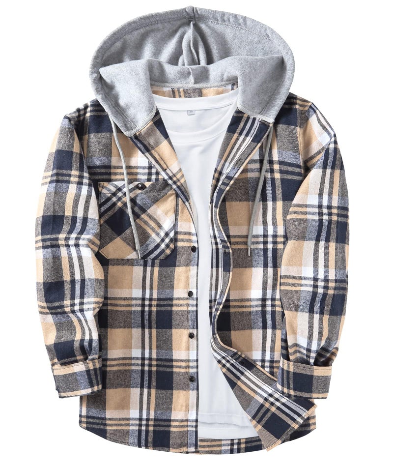 ZITY Men's Flannel Hoodie Shirts Casual Button Down Plaid Shirt Jackets for Men Long Sleeve Stylish Hooded with Pocket Navybeigewhite Large - Image 1