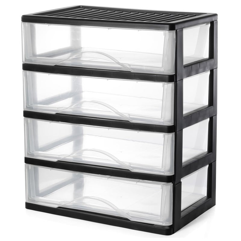 BYCY Medium 4 Drawer Clear Stacking Desktop Organizer for Office Supplies,Stackable Storage Drawers Plastic Storage Bins For Kitchen Cabinets, Pantry, Home Organization (Black, Medium 4Drawer) - Image 1