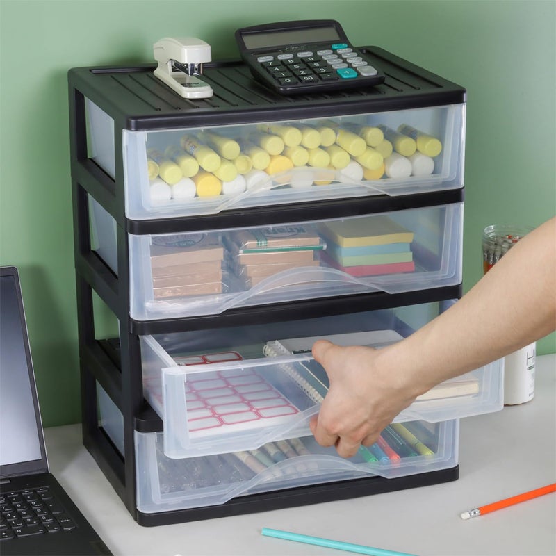 BYCY Medium 4 Drawer Clear Stacking Desktop Organizer for Office Supplies,Stackable Storage Drawers Plastic Storage Bins For Kitchen Cabinets, Pantry, Home Organization (Black, Medium 4Drawer) - Image 3