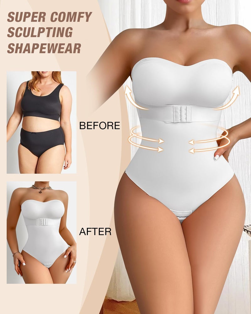 USEASY Shapewear Bodysuit Tummy Control Strapless Bra Shapewear for Women Strapless Faja Body Shaper Thong Light Shapewear White L - Image 5