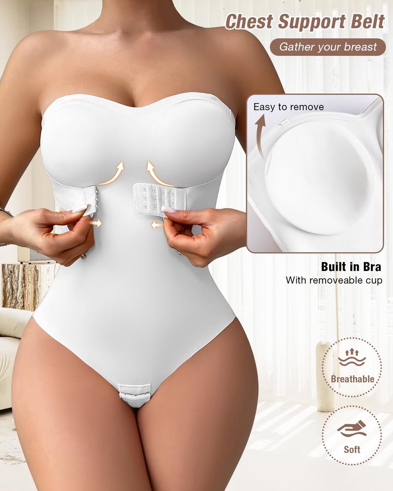USEASY Shapewear Bodysuit Tummy Control Strapless Bra Shapewear for Women Strapless Faja Body Shaper Thong Light Shapewear White L - Image 4