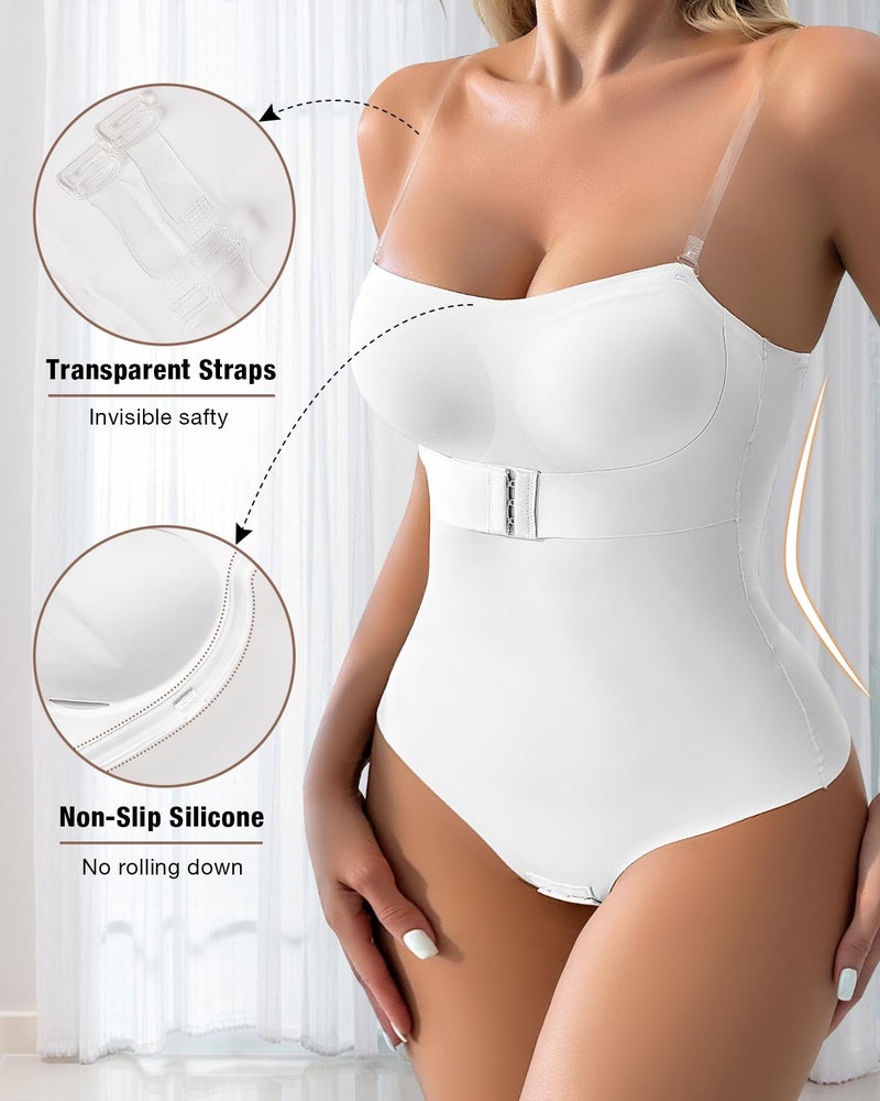 USEASY Shapewear Bodysuit Tummy Control Strapless Bra Shapewear for Women Strapless Faja Body Shaper Thong Light Shapewear White L - Image 3