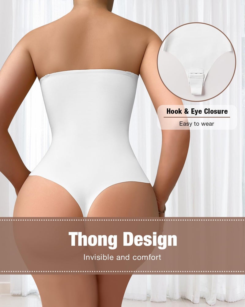 USEASY Shapewear Bodysuit Tummy Control Strapless Bra Shapewear for Women Strapless Faja Body Shaper Thong Light Shapewear White L - Image 2