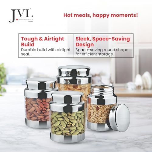 JVL Stainless Steel Classic Canister Set of 4, Airtight, Rust resistant Durable Food-Grade Kitchen Storage Containers for Spices, Pulses, Snacks & More (650 ML) - Image 3