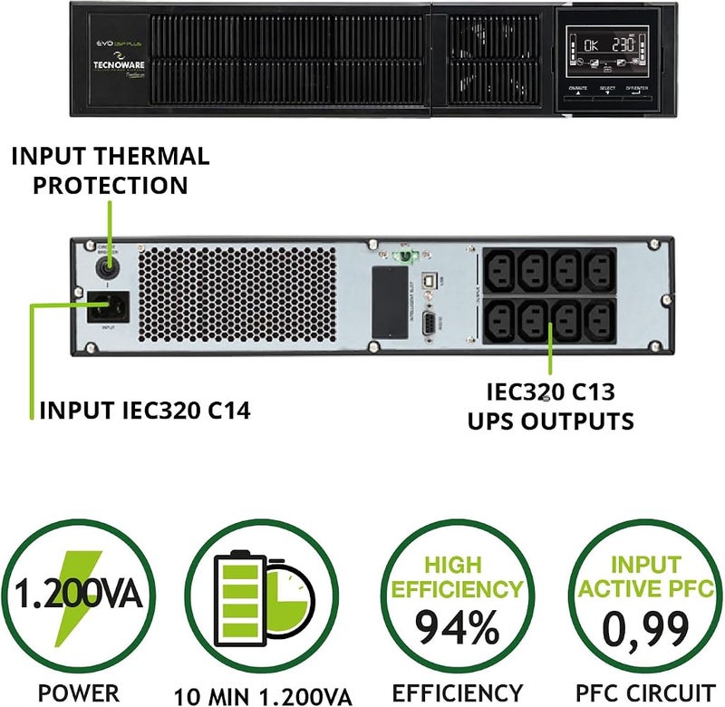 Tecnoware Power Systems 1 Tecnoware UPS EVO DSP PLUS 1200 مصدر طاقة غير منقطع - تقنية الخط المباشر، تركيب برجي - 8 مخارج IEC - مدة تشغيل تصل إلى 40 دقيقة - القدرة 1200 VA - Image 2