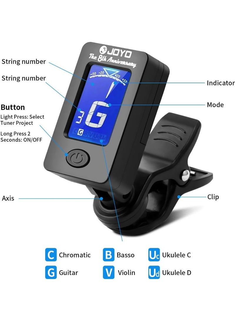 جويو جهاز ضبط الجيتار والباس الرقمي من نوع كليب – موالف إلكتروني متعدد الوظائف للجيتار والباس واليوكليلي والكمان بنظام ضبط كروماتيكي (JT-01) - Image 3