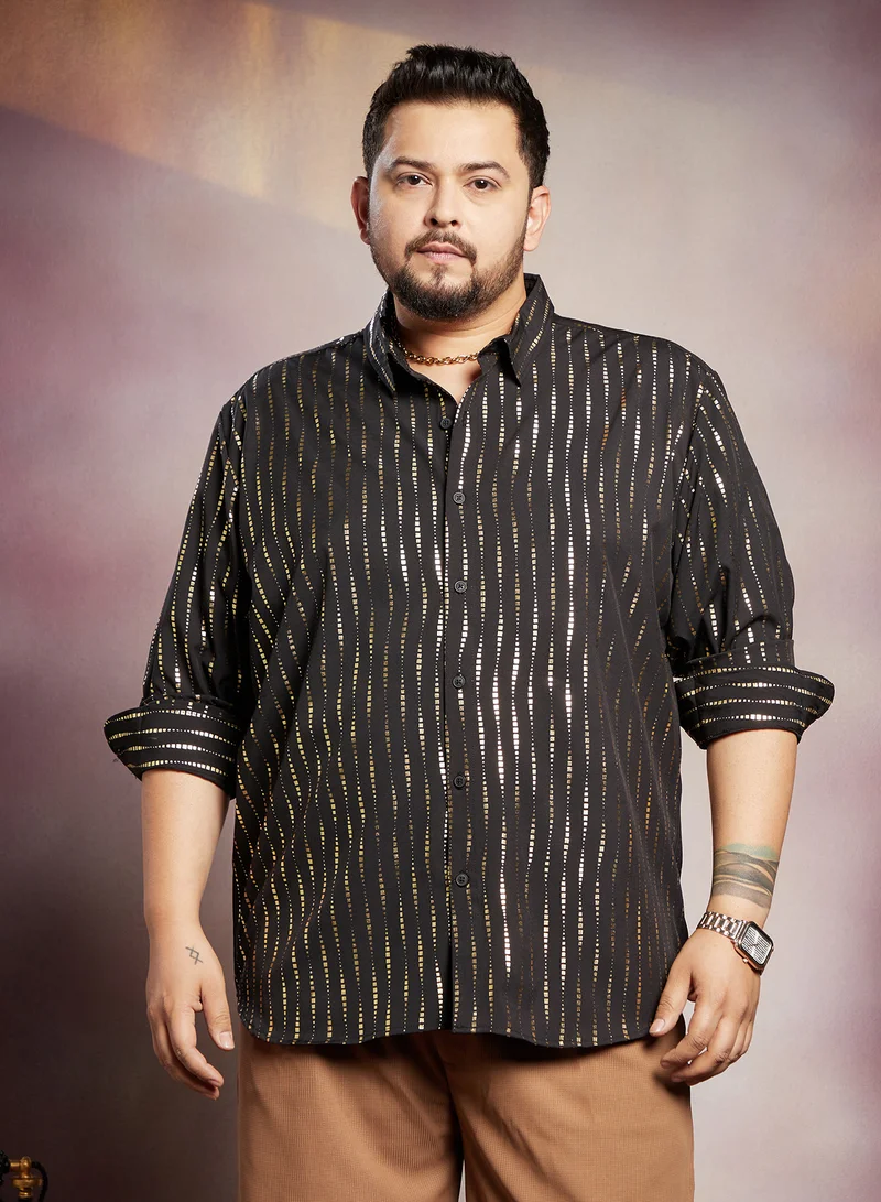 Instafab Plus Instafab Plus Men's Onyx Black Metallic-Vined Shirt For Casual Wear | Spread Collar | Long Cuffed Sleeves | Button Closure | Plus Size Shirt Crafted With Comfort Fit For Everyday Wear