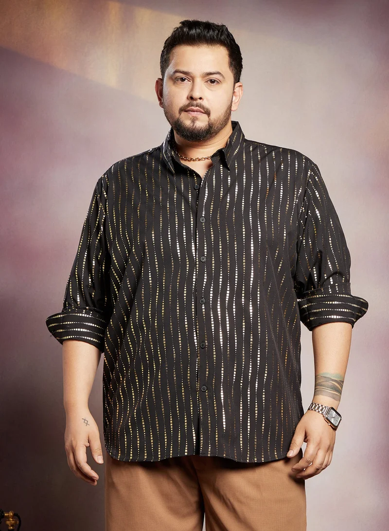Instafab Plus Instafab Plus Men's Onyx Black Metallic-Vined Shirt For Casual Wear | Spread Collar | Long Cuffed Sleeves | Button Closure | Plus Size Shirt Crafted With Comfort Fit For Everyday Wear