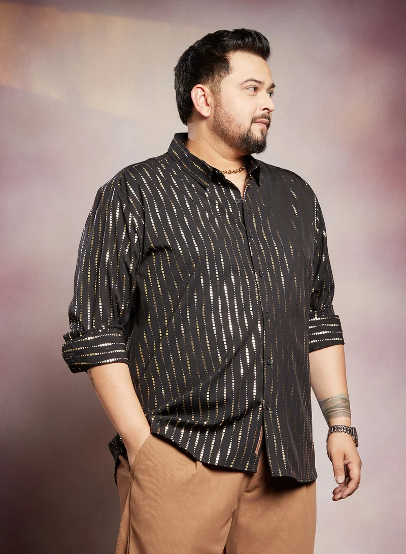 Instafab Plus  Instafab Plus Men's Onyx Black Metallic-Vined Shirt For Casual Wear | Spread Collar | Long Cuffed Sleeves | Button Closure | Plus Size Shirt Crafted With Comfort Fit For Everyday Wear for Men | Best Price UAE