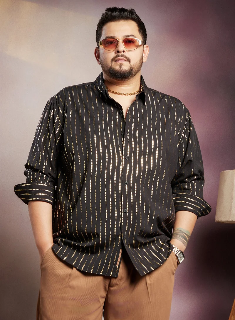 Instafab Plus Instafab Plus Men's Onyx Black Metallic-Vined Shirt For Casual Wear | Spread Collar | Long Cuffed Sleeves | Button Closure | Plus Size Shirt Crafted With Comfort Fit For Everyday Wear