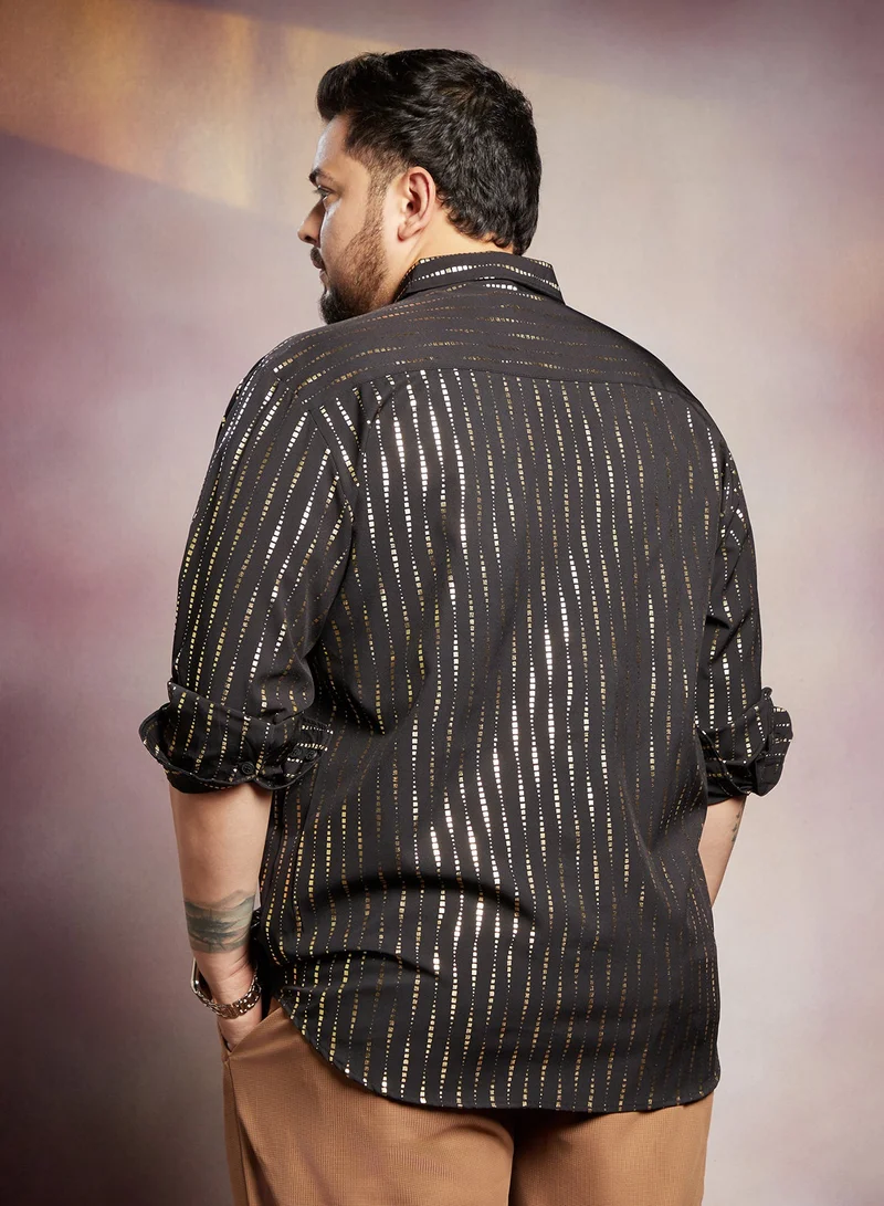 Instafab Plus  Instafab Plus Men's Onyx Black Metallic-Vined Shirt For Casual Wear | Spread Collar | Long Cuffed Sleeves | Button Closure | Plus Size Shirt Crafted With Comfort Fit For Everyday Wear for Men | Best Price UAE