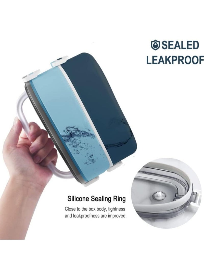 TOMSHOO صندوق غداء من الفولاذ المقاوم للصدأ للأطفال، 1400 مل، حاوية غداء مكونة من طبقتين، صندوق وجبات خفيفة مع حقيبة للأطفال في المدرسة والكبار - مانع للتسرب - خالٍ من مادة BPA - آمن للاستخدام في الميكروويف وغسالة الأطباق (أزرق) - Image 3