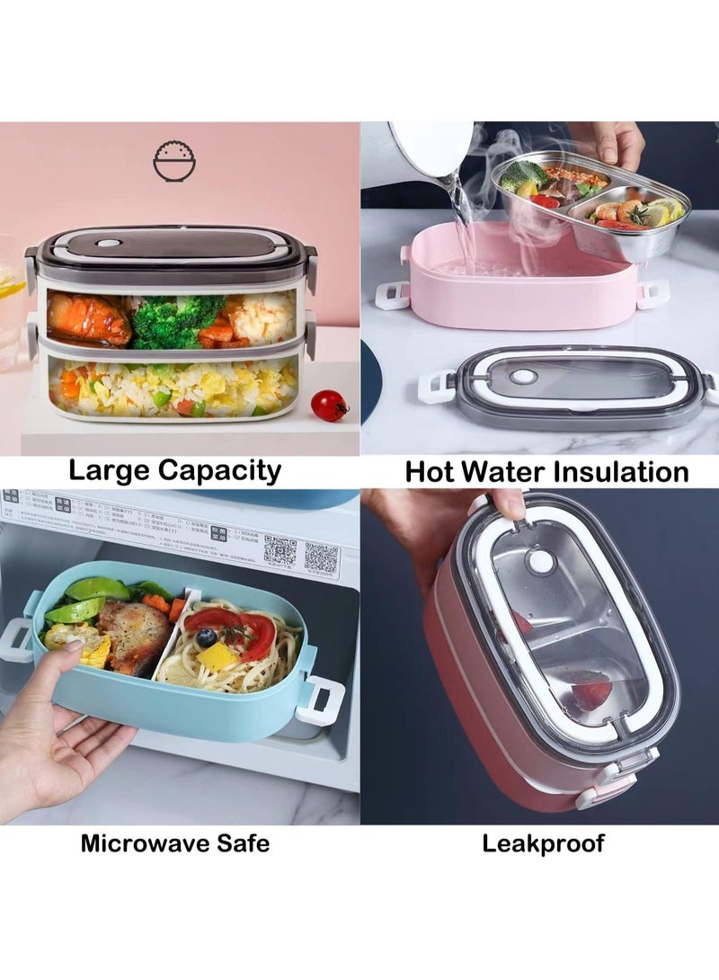 TOMSHOO صندوق غداء من الفولاذ المقاوم للصدأ للأطفال، 1400 مل، حاوية غداء مكونة من طبقتين، صندوق وجبات خفيفة مع حقيبة للأطفال في المدرسة والكبار - مانع للتسرب - خالٍ من مادة BPA - آمن للاستخدام في الميكروويف وغسالة الأطباق (أزرق) - Image 5