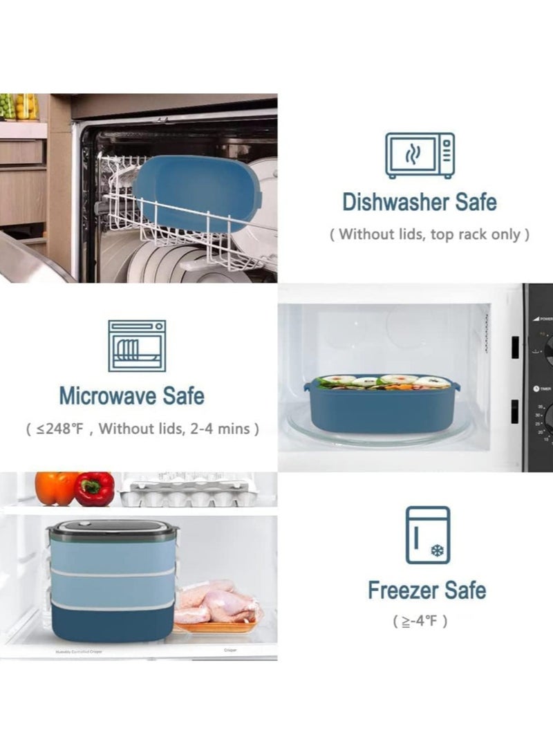 TOMSHOO صندوق غداء من الفولاذ المقاوم للصدأ للأطفال، 1400 مل، حاوية غداء مكونة من طبقتين، صندوق وجبات خفيفة مع حقيبة للأطفال في المدرسة والكبار - مانع للتسرب - خالٍ من مادة BPA - آمن للاستخدام في الميكروويف وغسالة الأطباق (أزرق) - Image 4