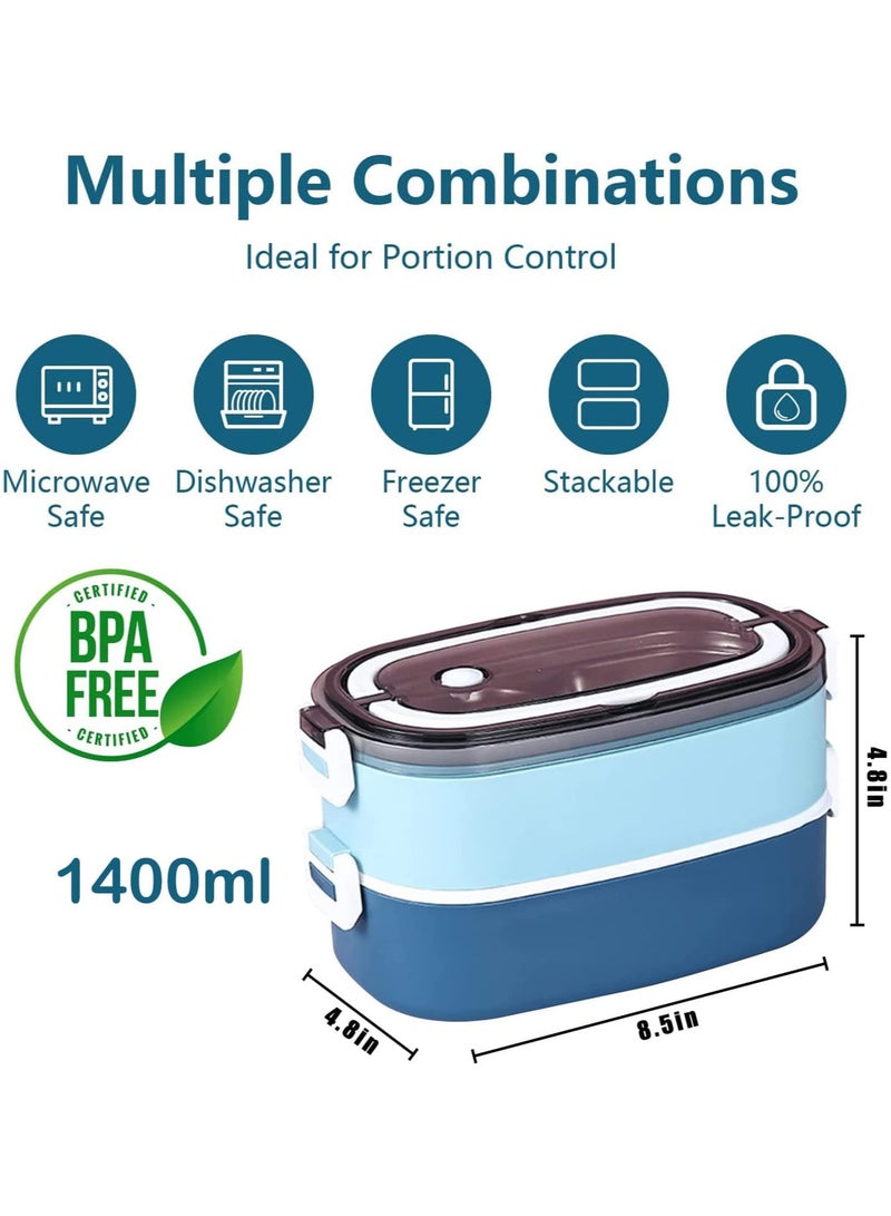 TOMSHOO صندوق غداء من الفولاذ المقاوم للصدأ للأطفال، 1400 مل، حاوية غداء مكونة من طبقتين، صندوق وجبات خفيفة مع حقيبة للأطفال في المدرسة والكبار - مانع للتسرب - خالٍ من مادة BPA - آمن للاستخدام في الميكروويف وغسالة الأطباق (أزرق) - Image 2