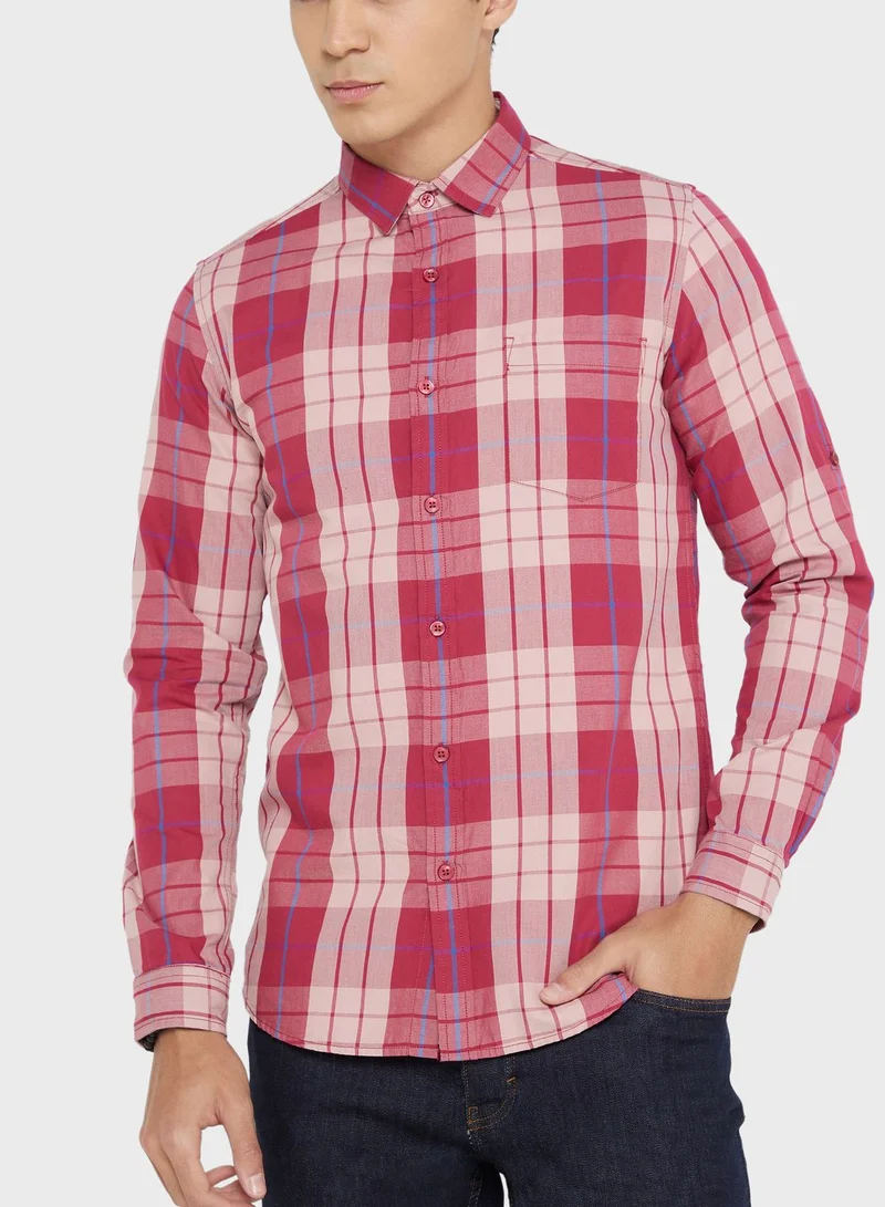 سفنتي فايف Men Maroon Beige Slim Fit Checked Sustainable Casual Pure Cotton Shirt
