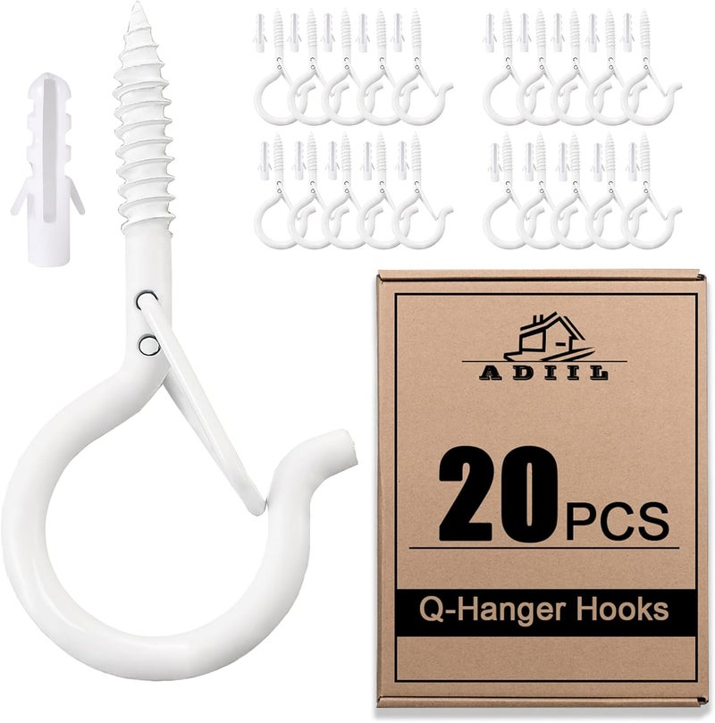 ADIIL 20 PCS Q Hanger Hooks with Safety Buckle, Windproof Screw Hooks for Hanging Outdoor String Lights, Plants, Christmas & Patio Lights, 2.2 Inches, White - Image 1