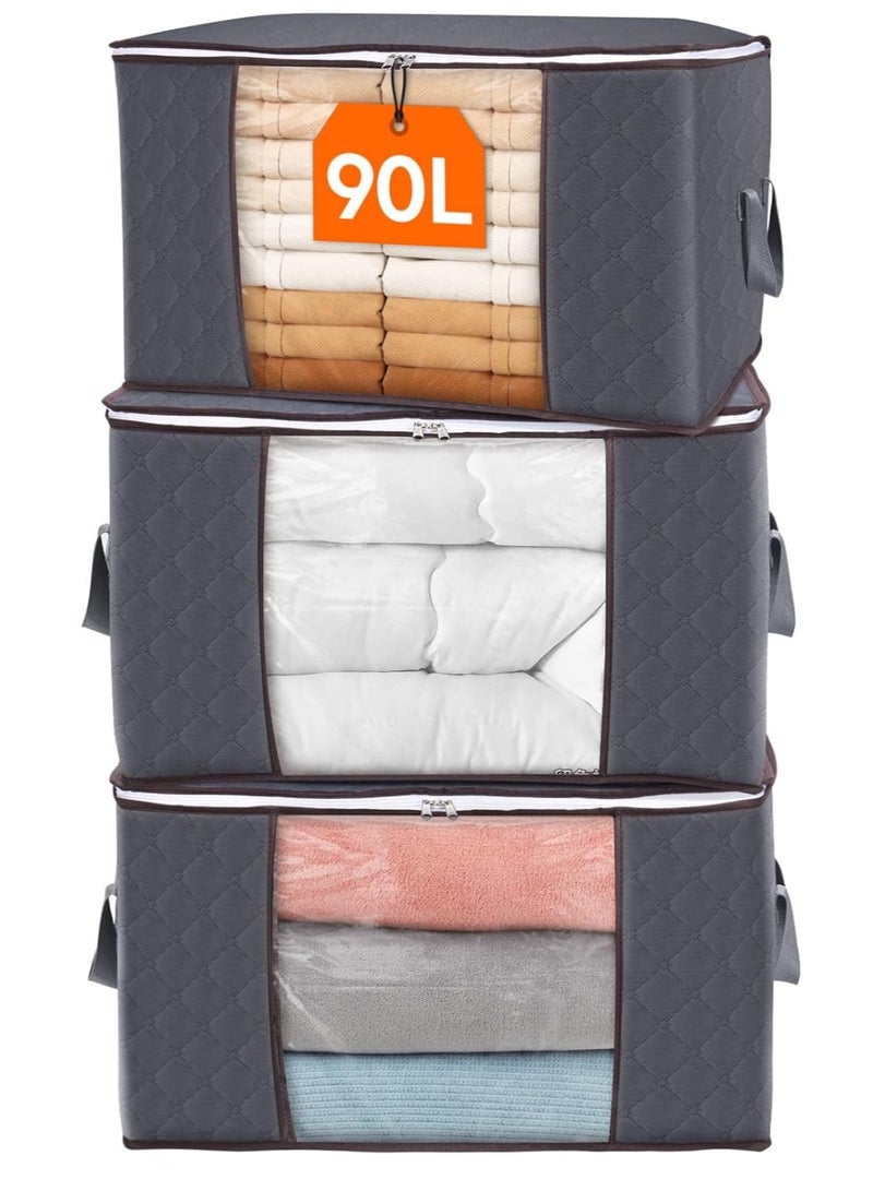 Loquat 90L Large Storage Bags, Closet Organizers and Storage, Clothes Storage Bins with Lids, Foldable Storage Containers with Reinforced Handles for Clothing, Blanket, Bedding, Comforter 3 Pack Gray - Image 1