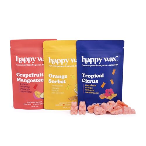 Happy Wax Citrus Mix Natural Soy Wax Melts - 6oz Total - Three 2oz Pouches Including Tropical Citrus, Orange Sorbet & Grapefruit Mangosteen - Image 1