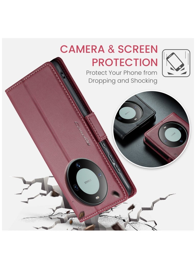 CaseMe - Flip Wallet Case For Huawei Mate 60 Pro [RFID Blocking] PU Leather Wallet Flip Folio Case with Card Holder Kickstand Shockproof Phone Cover (Red) - Image 1