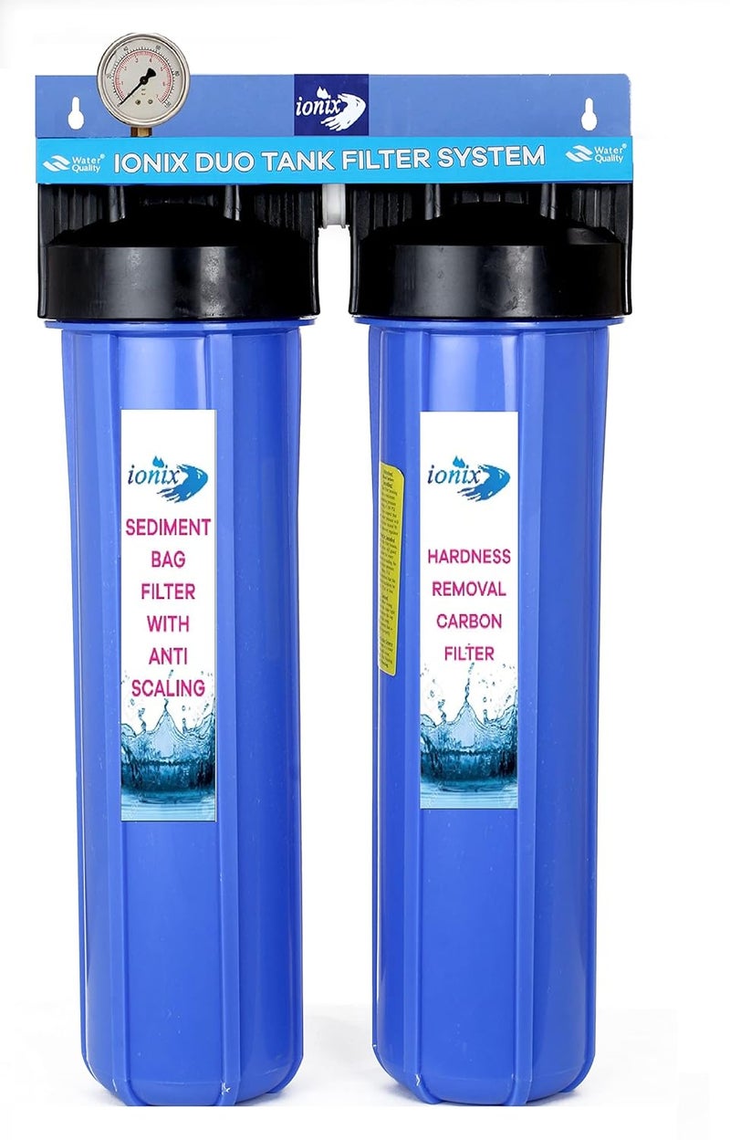 IONIX نظام فلترة خزان IONIX Duo بحجم 1 بوصة في الداخل والخارج مزيل مياه مالحة إعداد DualFilter مع كرات معالجة المياه الصلبة متضمنة 1 مجموعة باللون الأزرق - Image 1