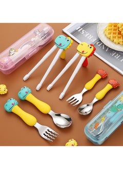 Generic Children's 304 Stainless Steel Portable Tableware Cartoon Spoon Fork Learning And Training Chopsticks Dinosaur Baby Fork Spoon Set-Specifications:Tableware-Color:Cartridge Unicorn Four-Piece Set  - Image 2