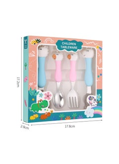 Children's 304 Stainless Steel Portable Tableware Cartoon Spoon Fork Learning And Training Chopsticks Dinosaur Baby Fork Spoon Set-Specifications:Tableware-Color:Cartridge Unicorn Four-Piece Set