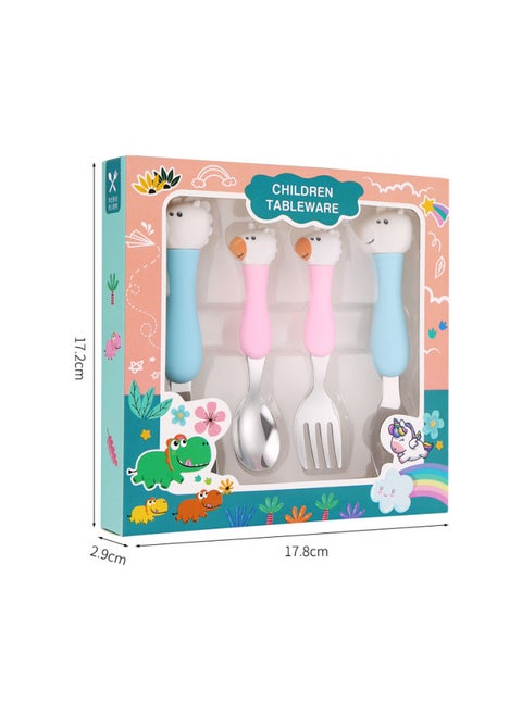 Children's 304 Stainless Steel Portable Tableware Cartoon Spoon Fork Learning And Training Chopsticks Dinosaur Baby Fork Spoon Set-Specifications:Tableware-Color:Cartridge Unicorn Four-Piece Set