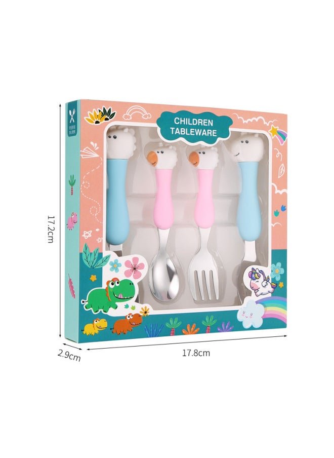Generic - Children's 304 Stainless Steel Portable Tableware Cartoon Spoon Fork Learning And Training Chopsticks Dinosaur Baby Fork Spoon Set-Specifications:Tableware-Color:Cartridge Unicorn Four-Piece Set - Image 1