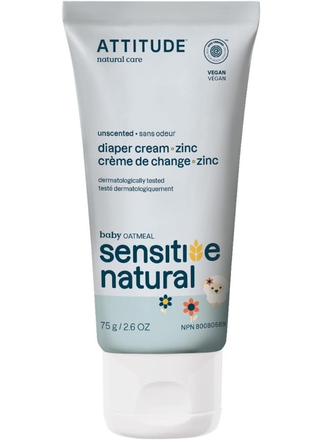 Attitude ATTITUDE Diaper Cream with Zinc & Oatmeal for Baby with Sensitive Skin, Unscented, Plant & Mineral-Based, Dermatologically Tested Vegan and Cruelty-Free, 2.6 Oz  - Image 1