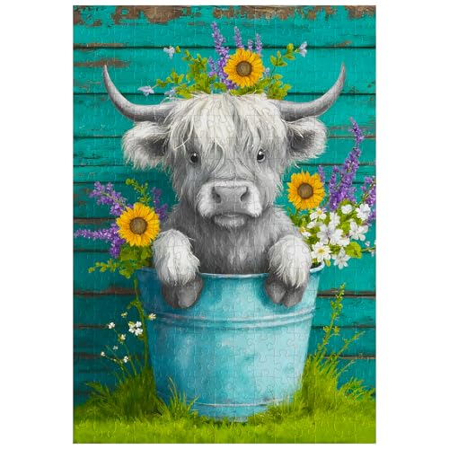 Artinhand Great Jigsaw Puzzles for Adults 300 Pieces Farmhouse Highland Cow with Flowers Puzzles for Adults Toys Gift Family Decoration Kids Puzzle - Image 1