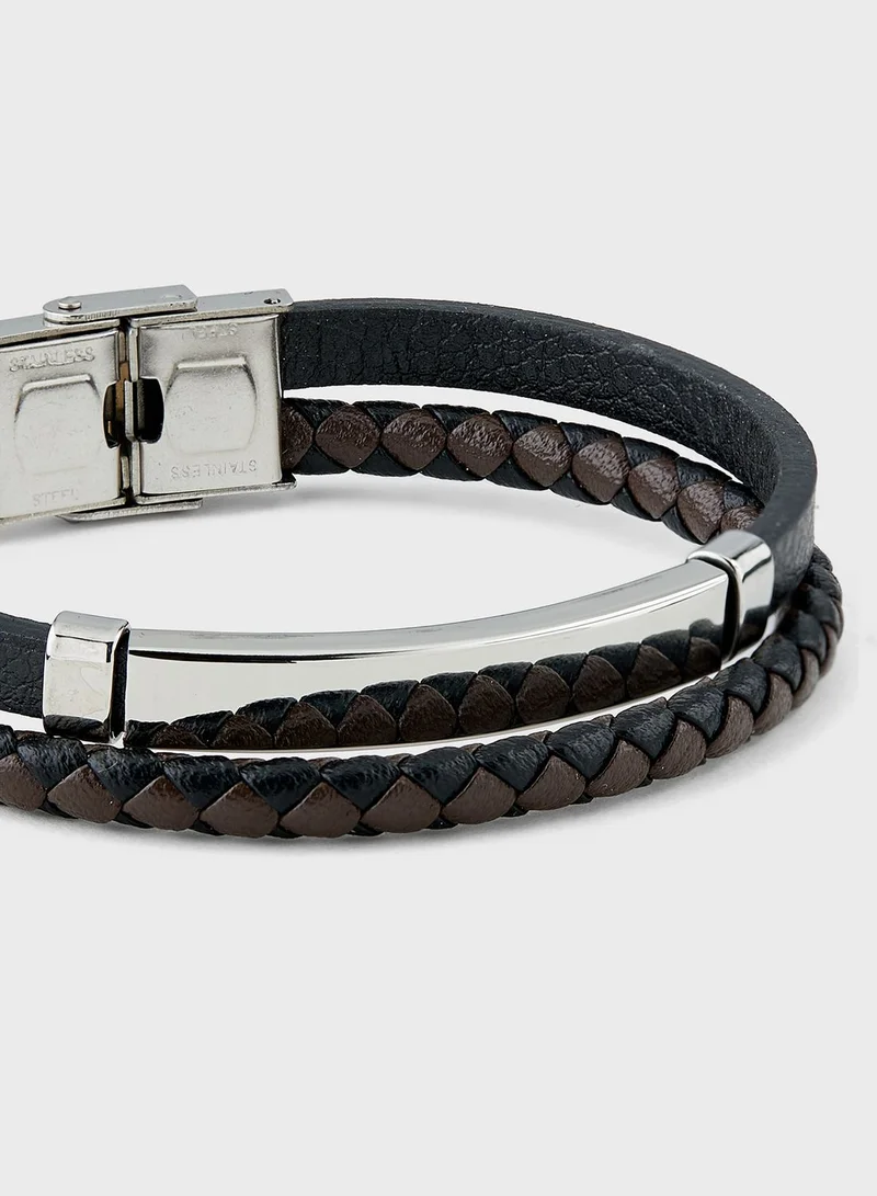 Robert Wood Genuine Leather Braided Stainless Steel Bracelet In Gift Box