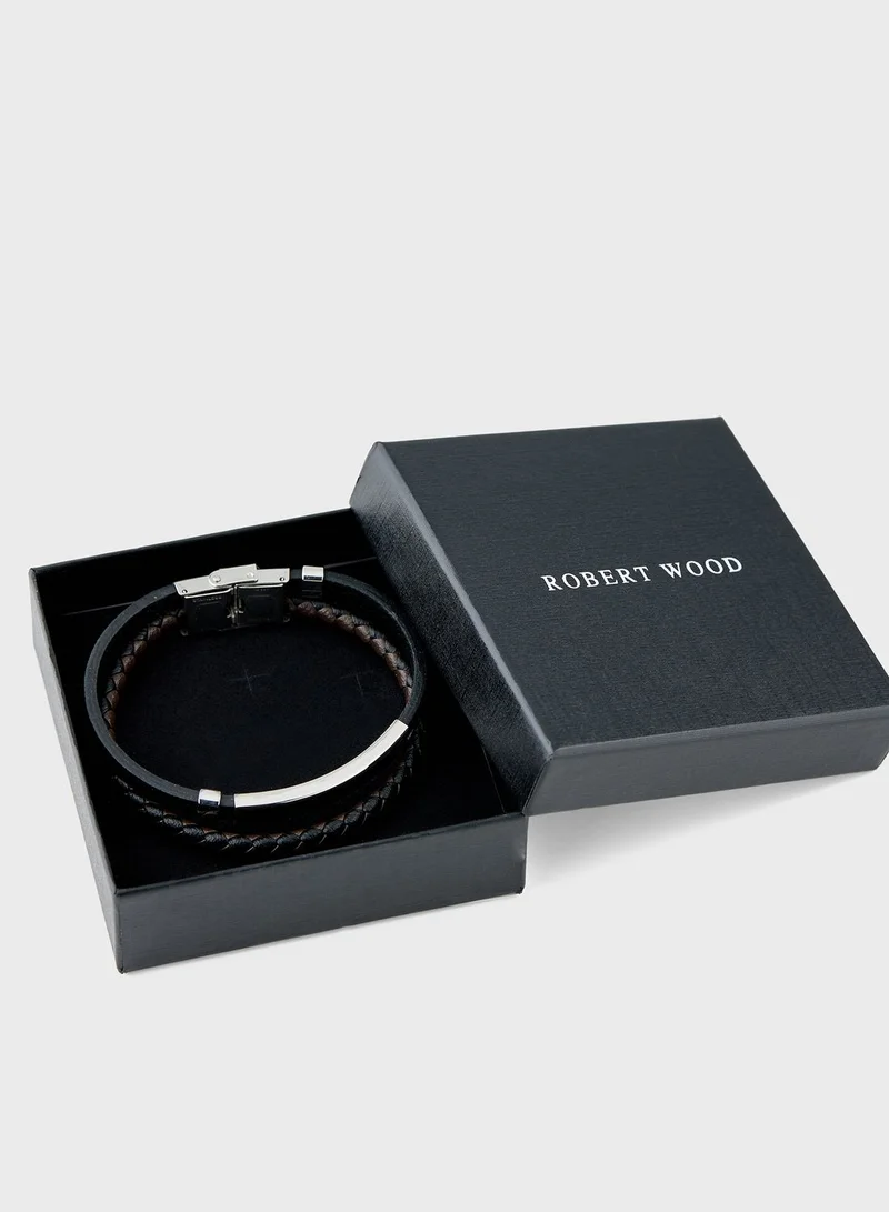 Robert Wood Genuine Leather Braided Stainless Steel Bracelet In Gift Box