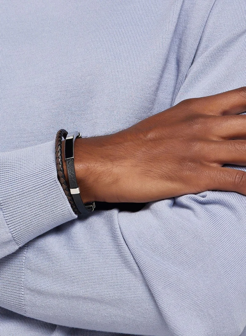 Robert Wood Genuine Leather Braided Stainless Steel Bracelet In Gift Box