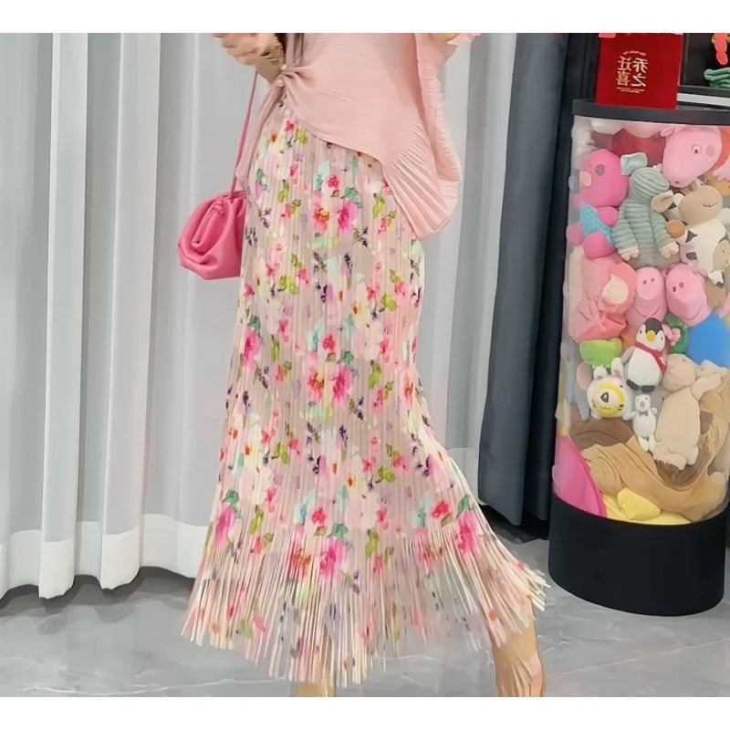 Royal sister temperament goddess style light luxury womens high-end sense small peach blossom pleated overskirt small peach blossom Peach Blossom Tassel Skirt