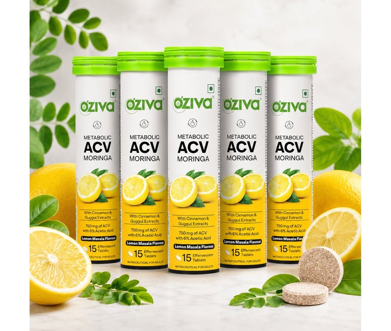 OZiva ACV Moringa | Control Cravings I Apple Cider Vinegar, Cinnamon, Guggul I No Maltodextrin & No Added Sugar I 15 Effervescent Tablets - Lemon Masala, Pack of 6 (90 Tablets) - Image 1