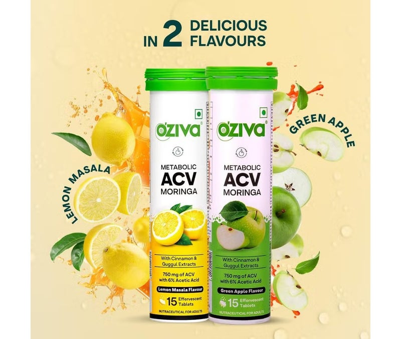 OZiva ACV Moringa | Control Cravings I Apple Cider Vinegar, Cinnamon, Guggul I No Maltodextrin & No Added Sugar I 15 Effervescent Tablets - Lemon Masala, Pack of 6 (90 Tablets) - Image 4