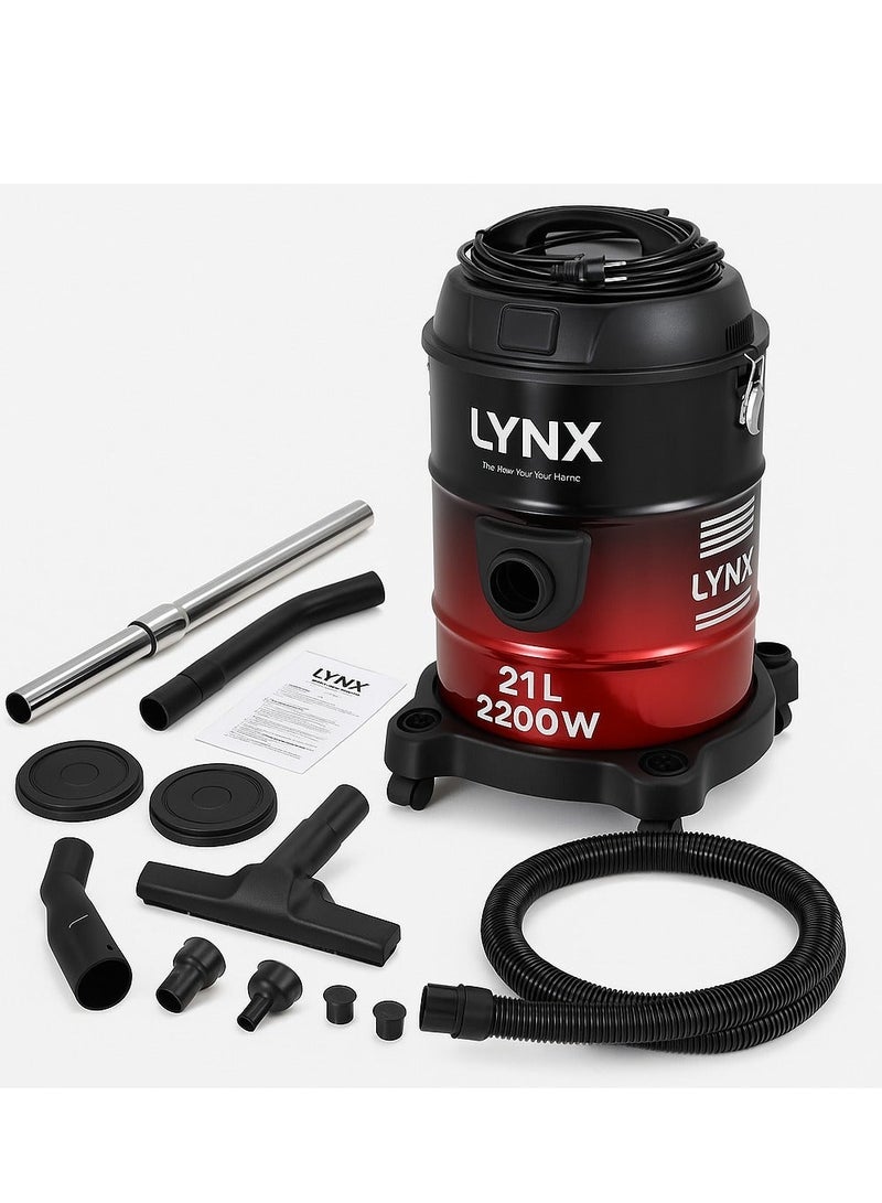 LYNX Powerful Vacuum Cleaner 2200W with 21L Metal Drum, Multi Filtration, Air Blowing, Easy Moving Wheels, Stainless Steel Tube, 2in1 Brush & Long Power Cord – LY-VC2001 - Image 2