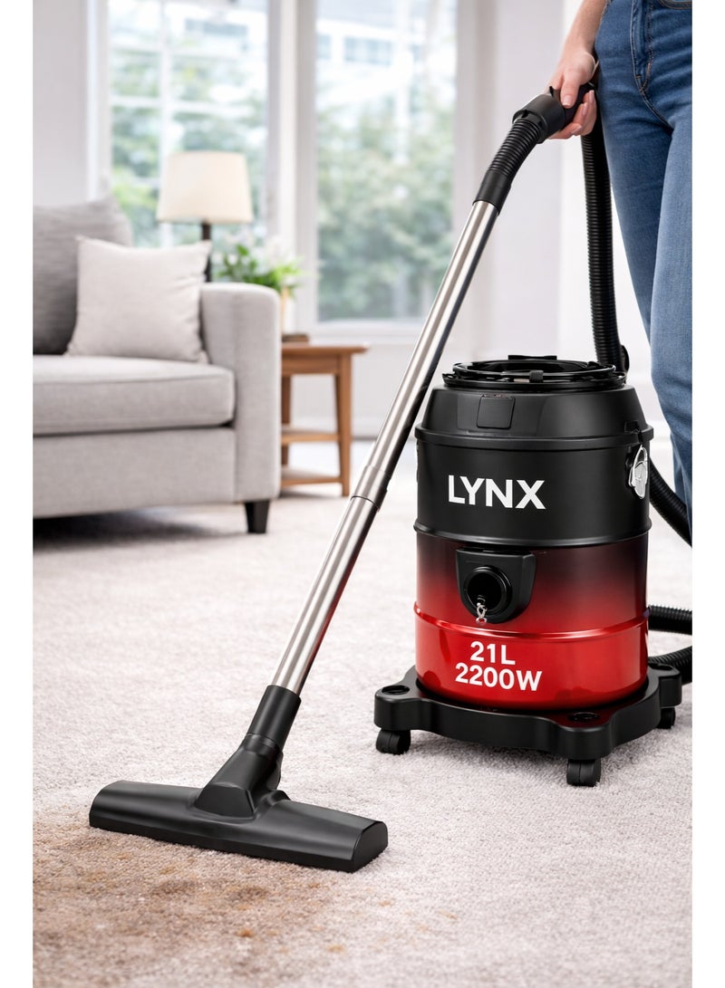 LYNX Powerful Vacuum Cleaner 2200W with 21L Metal Drum, Multi Filtration, Air Blowing, Easy Moving Wheels, Stainless Steel Tube, 2in1 Brush & Long Power Cord – LY-VC2001 - Image 3