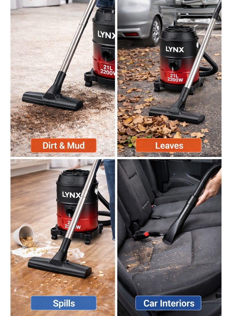 LYNX Powerful Vacuum Cleaner 2200W with 21L Metal Drum, Multi Filtration, Air Blowing, Easy Moving Wheels, Stainless Steel Tube, 2in1 Brush & Long Power Cord – LY-VC2001 - Image 4